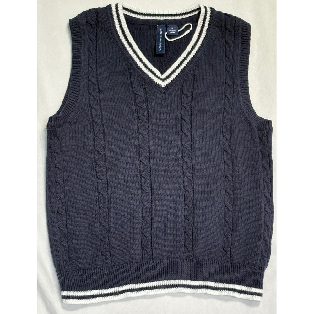 Janie and Jack Sweater Vest Boys Size 4 Navy Blue Cable Knit V Neck Striped Trim